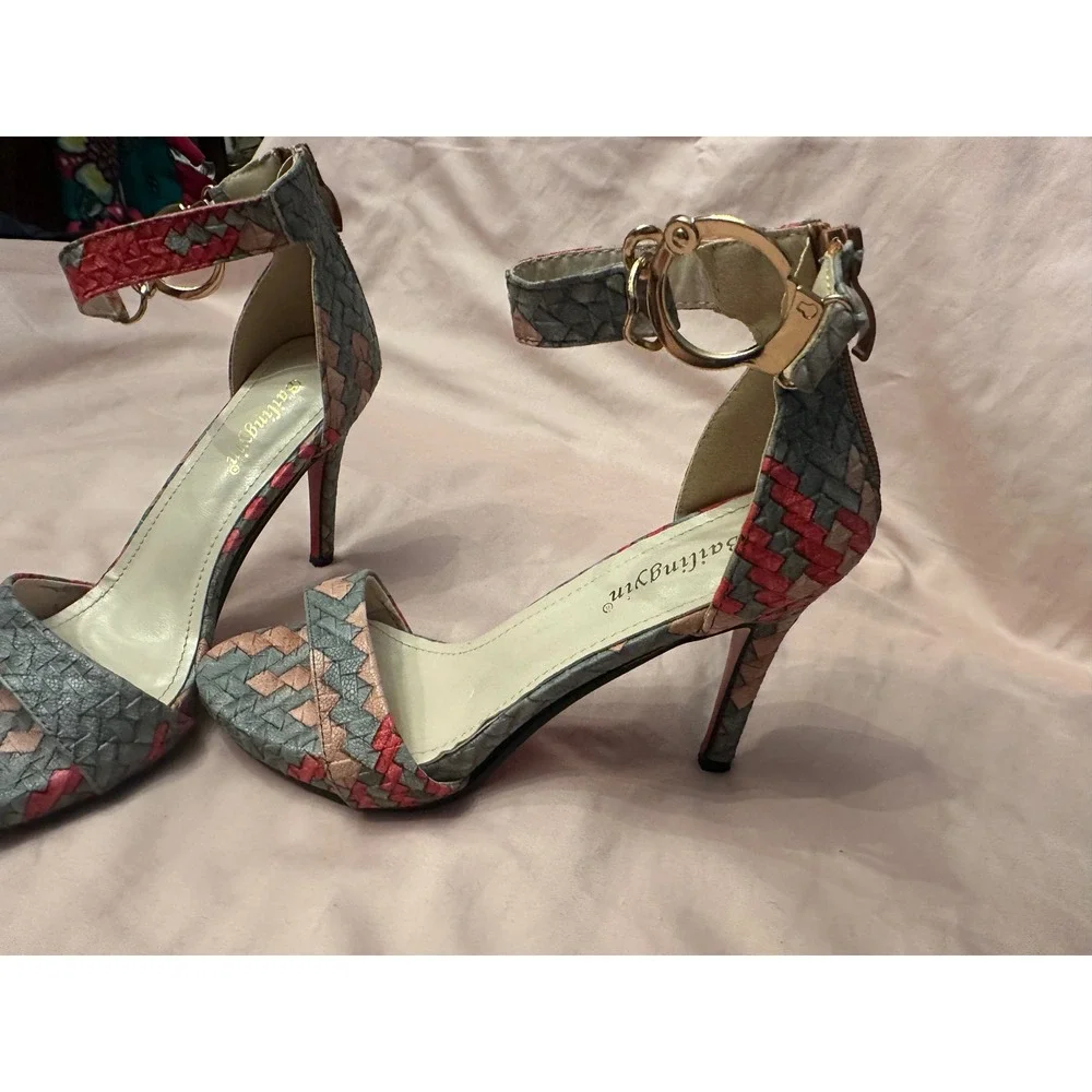 Bailingyin Woven Geometric Ankle Strap Stiletto Heels Red Bottom Grey Pink 37